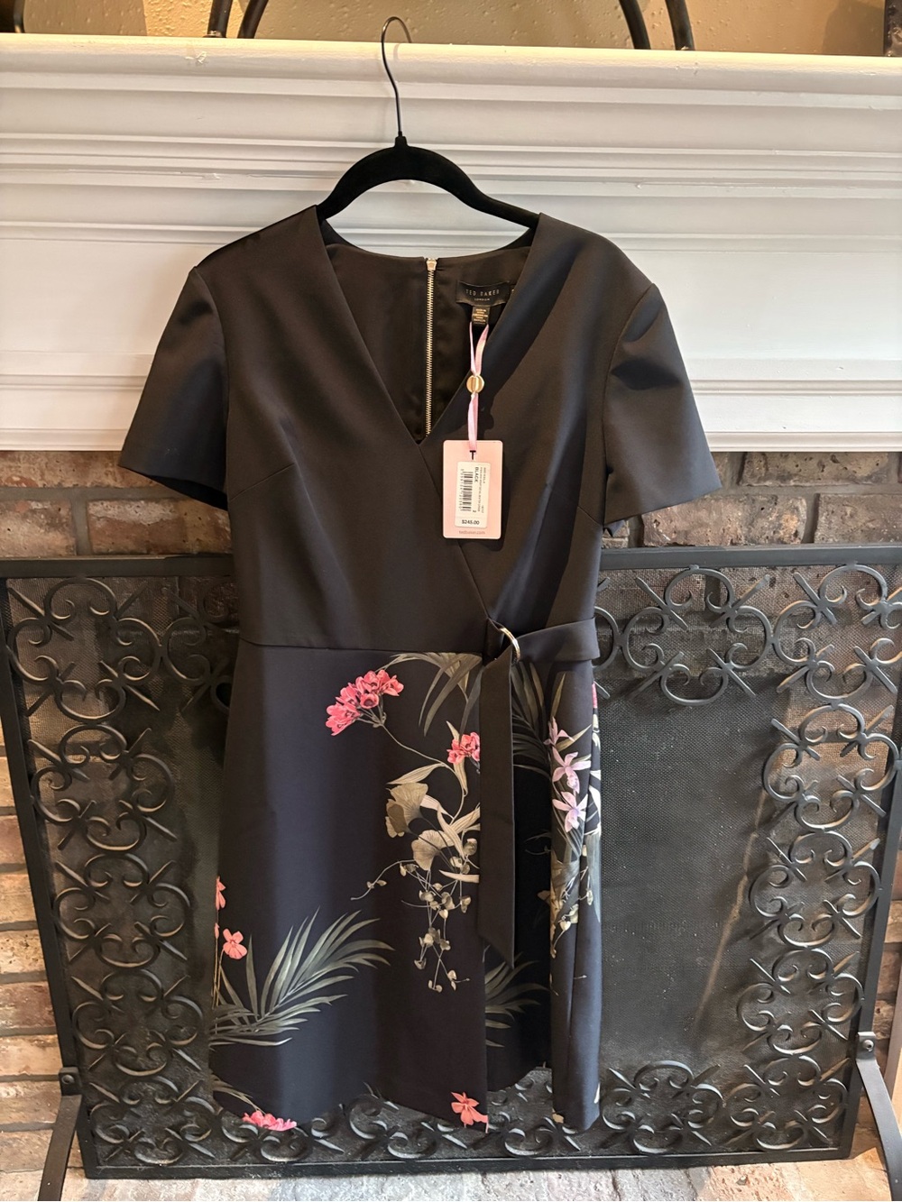 NWT Ted Baker Black Floral Wrap Mini Dress with Pink Blooms